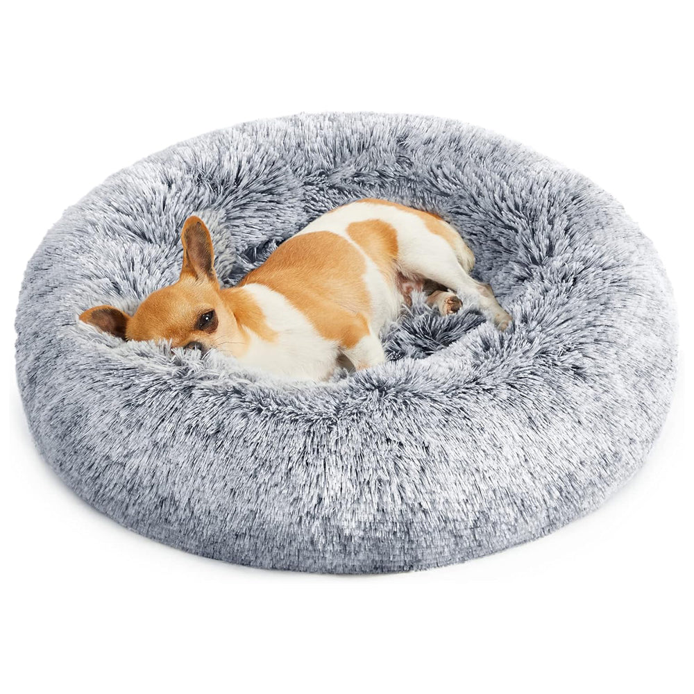 Feandrea Fluffy Donut Dog Cat Bed Washable Round Cushion with Removable Padding Non Slip Base 50 cm Grey